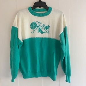 VINTAGE AQUA & WHITE ROSE SWEATER